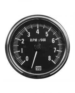 Stewart Warner Tacho 3-3/8" 0-8000 Black Bezel White Numbers