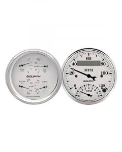 Auto Meter 2 PC Gauge Kit 3-3/8" Quad & Tach/Speedo Electric OldTyme White