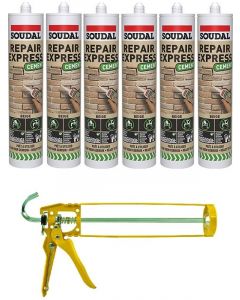 Soudal Repair Express Acrylic Polymer Based Cement Beige 290ml 6 Pack + Gun Kit