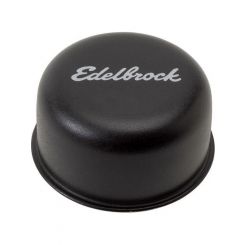 Edelbrock Valve Cover Breather Push-In Round Steel Black Edelbrock Logo
