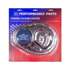 Proform Timing Chain Cover Chrome Steel with Chevy & Bowtie Logo For SB Chevy 