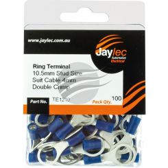 Jaylec Pack 100 Ring Terminal 10mm Insul Pvc Double Crimp Blue