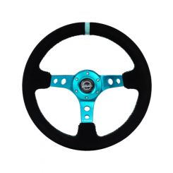 NRG Reinforced Steering Wheel 350mm/ 3in. Deep Black Suede/ Teal C…