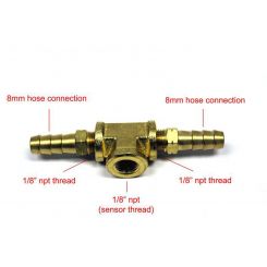 Prosport Gauges Fitting Adapter Tee 8mm Barb x 8mm Barb x 1/8" NPT