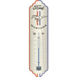 Nostalgic-Art Licensed Thermometer Ford Mustang Horse & Stripes Logo White