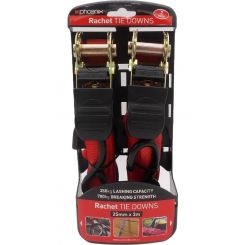 Phoenix Ratchet Tie Down 25mm x 3 Metres Load Rating 350Kg Pack of 2