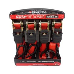 Phoenix Ratchet Tie Down 25mm x 3 Metres Load Rating 350Kg Pack of 4