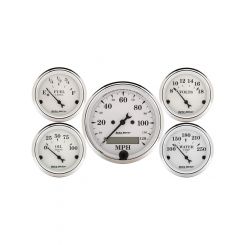 Auto Meter 5 PC Gauge Kit 3-1/8 & 2-1/16" Elec Speedo KM Old Tyme White
