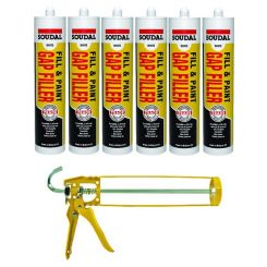 Soudal Fill & Paint Gap Filler Joint Sealant White 300ml 6 Pack + Gun Kit