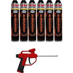 Soudal Soudafoam Fire Retardant PU Foam Hi Yield Gun Screw Top Pink 750ml 6 Pack + Gun Kit