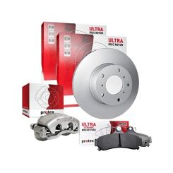 Protex Ultra Front Disc Brake Rotors + Ceramic Brake Pads + Left Disc Caliper